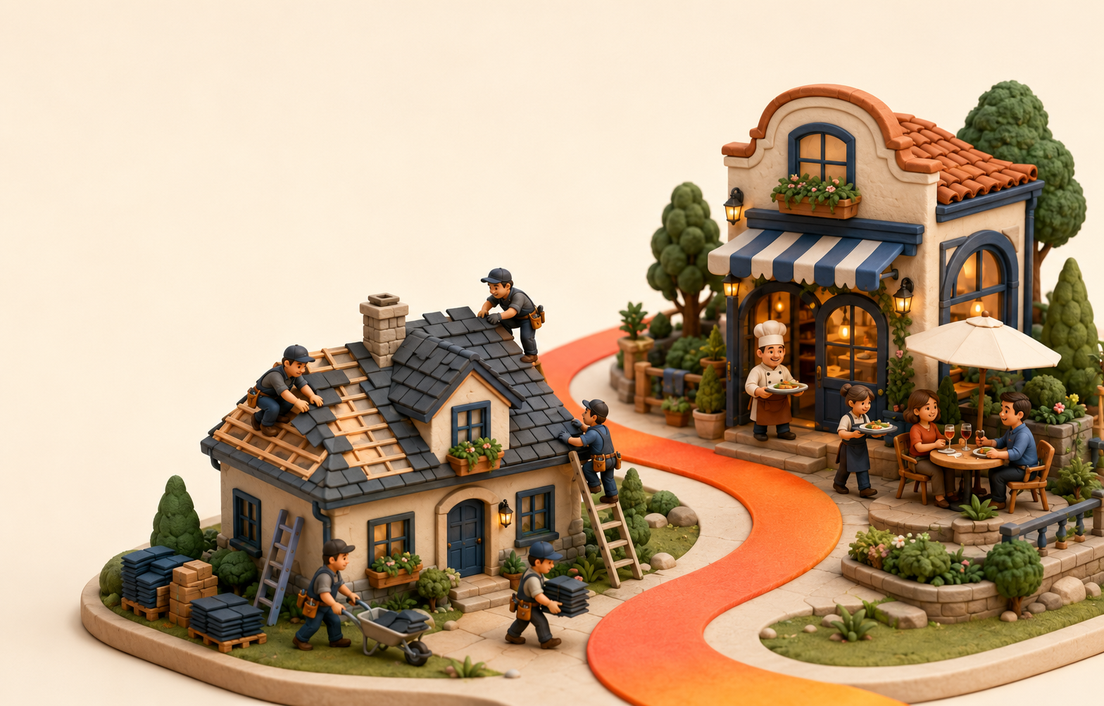 3D miniature neighborhood featuring roofers and a restaurant