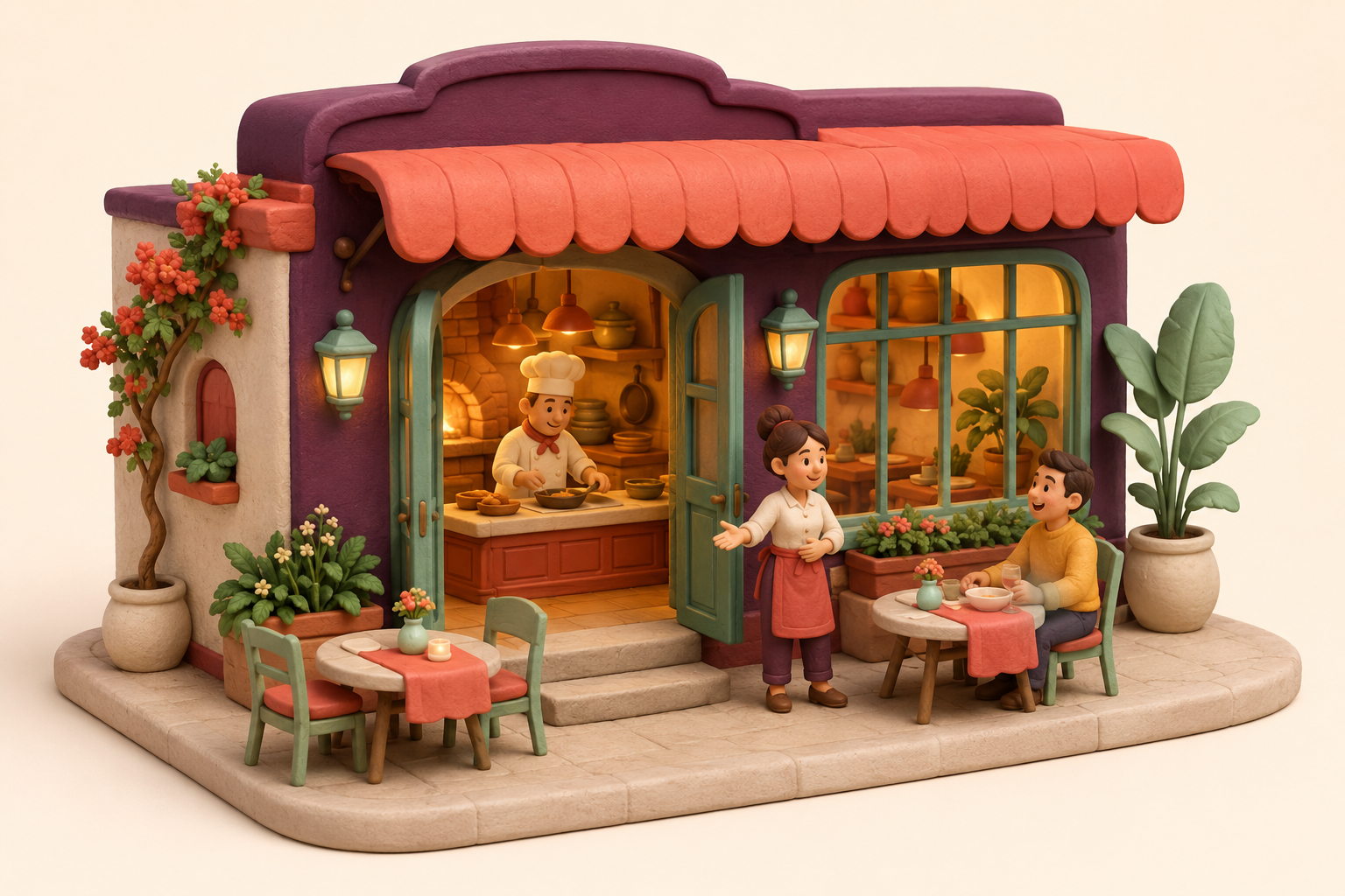 Animated restaurant patio with food and friendly characters